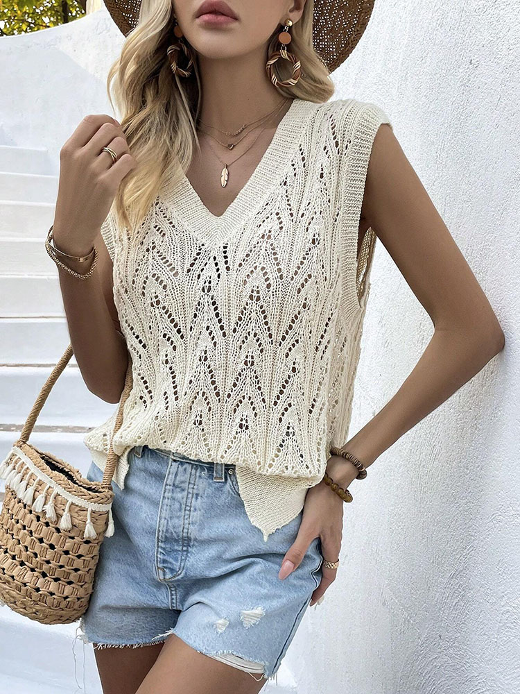 Crochet Top Boho - Chaleco de Ganchillo Beige para Mujer,