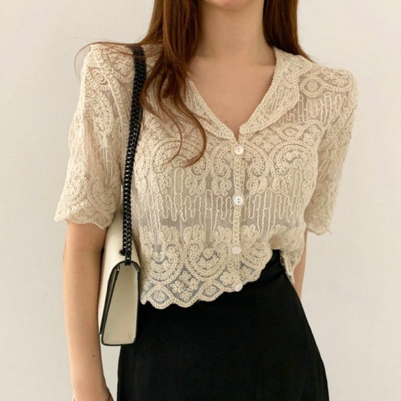 Crochet Top Boho - Blusa de encaje bordado transparente para